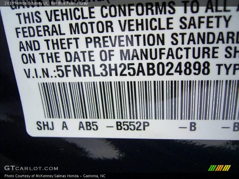 Bali Blue Pearl / Gray 2010 Honda Odyssey LX