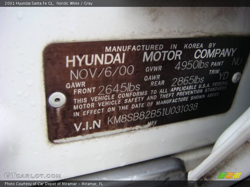 Nordic White / Gray 2001 Hyundai Santa Fe GL