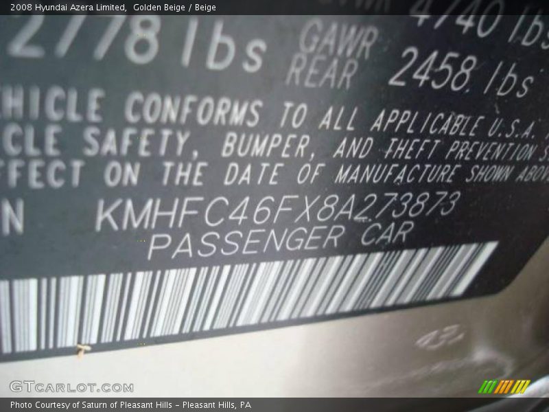 Golden Beige / Beige 2008 Hyundai Azera Limited