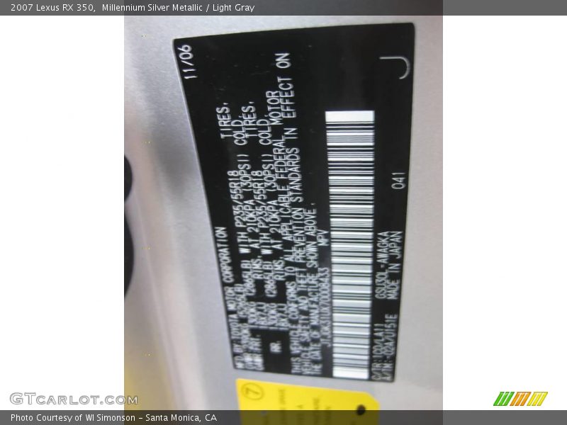 Millennium Silver Metallic / Light Gray 2007 Lexus RX 350