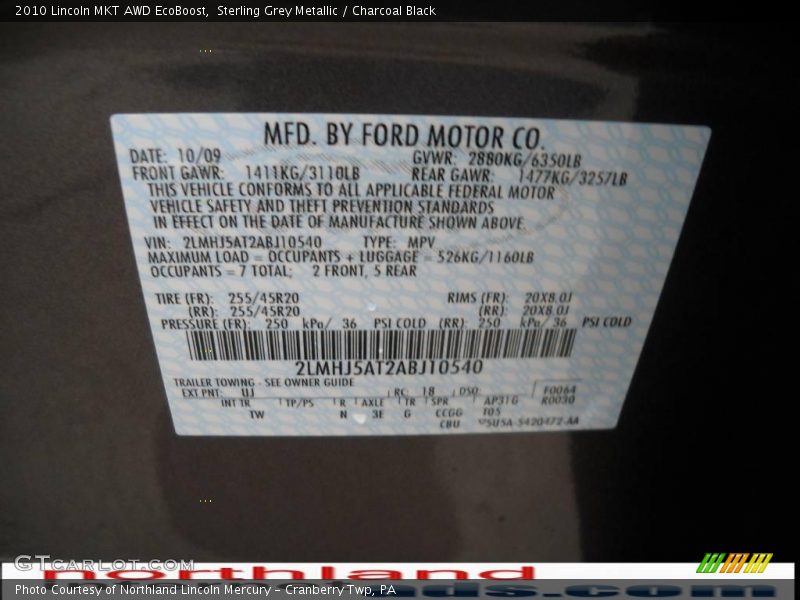 Sterling Grey Metallic / Charcoal Black 2010 Lincoln MKT AWD EcoBoost