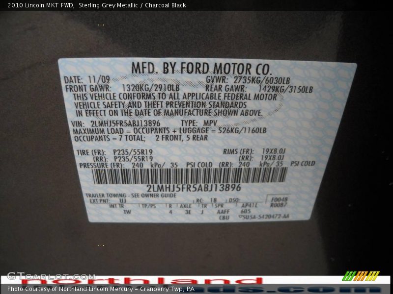 Sterling Grey Metallic / Charcoal Black 2010 Lincoln MKT FWD