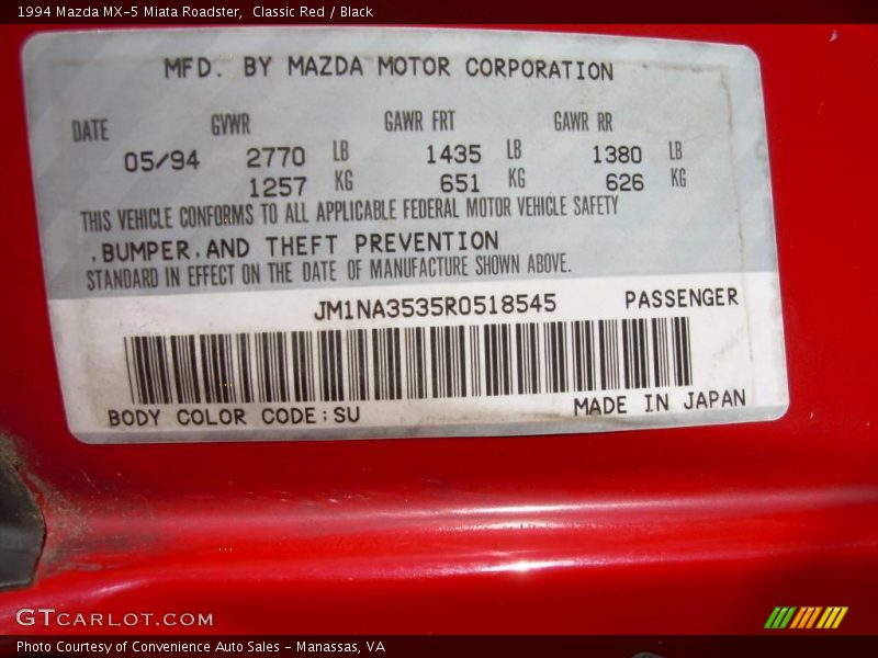 Classic Red / Black 1994 Mazda MX-5 Miata Roadster