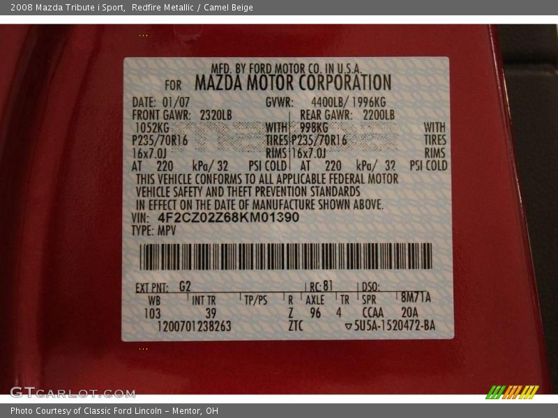 Redfire Metallic / Camel Beige 2008 Mazda Tribute i Sport