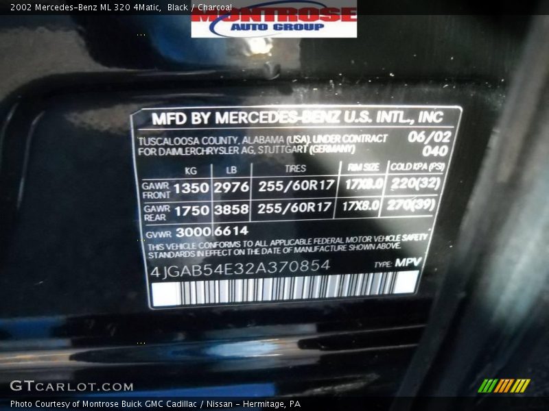 Black / Charcoal 2002 Mercedes-Benz ML 320 4Matic