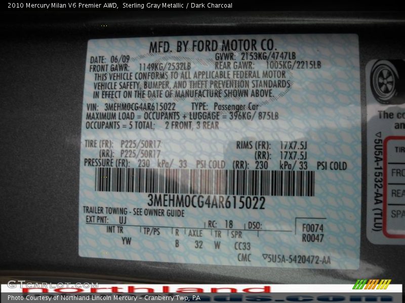 Sterling Gray Metallic / Dark Charcoal 2010 Mercury Milan V6 Premier AWD
