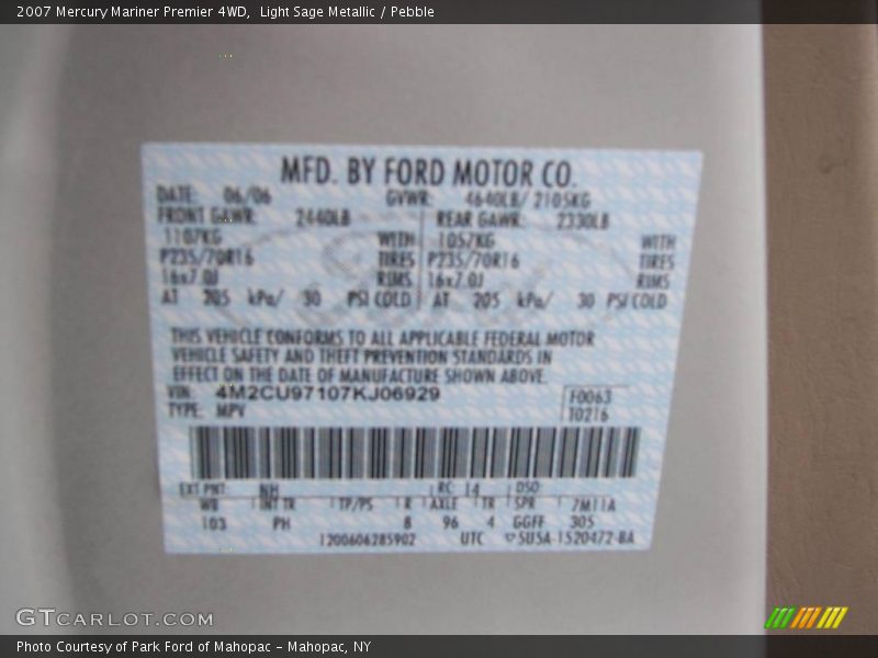 Light Sage Metallic / Pebble 2007 Mercury Mariner Premier 4WD
