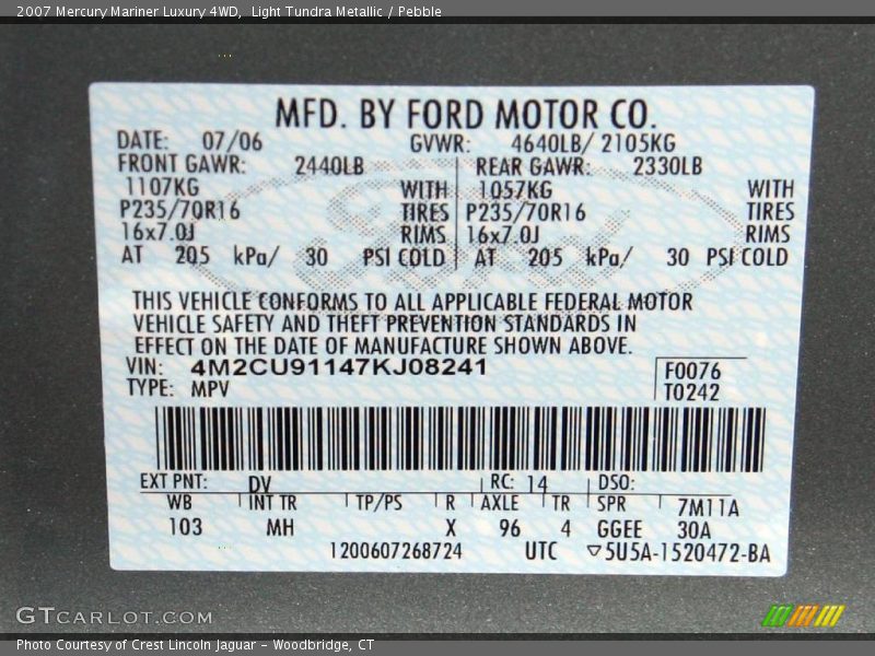 Light Tundra Metallic / Pebble 2007 Mercury Mariner Luxury 4WD