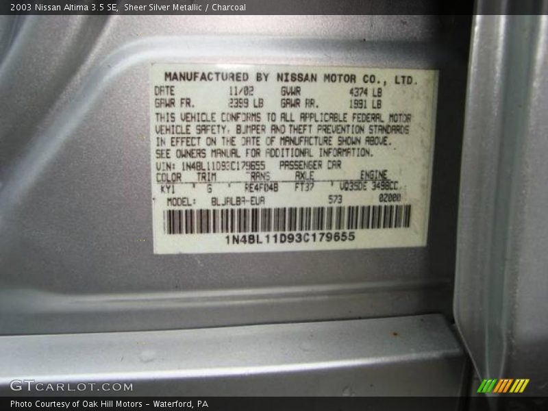Sheer Silver Metallic / Charcoal 2003 Nissan Altima 3.5 SE