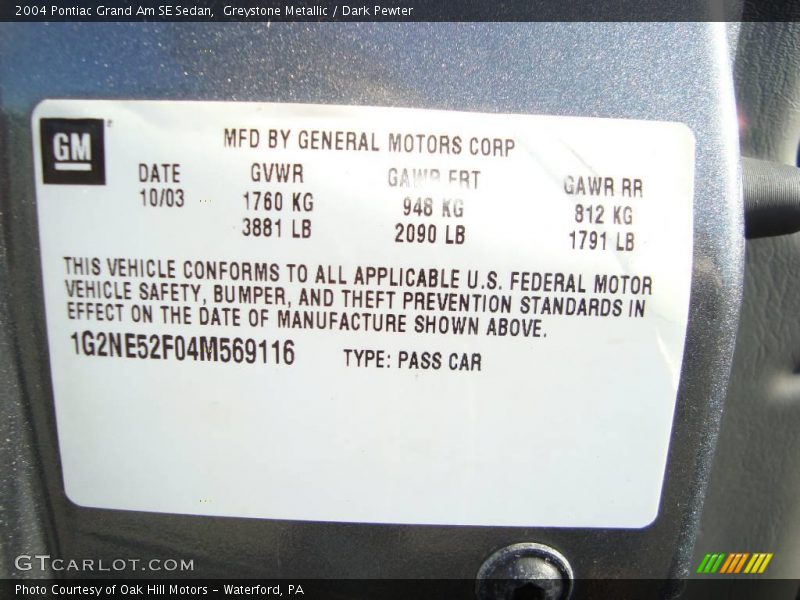 Greystone Metallic / Dark Pewter 2004 Pontiac Grand Am SE Sedan
