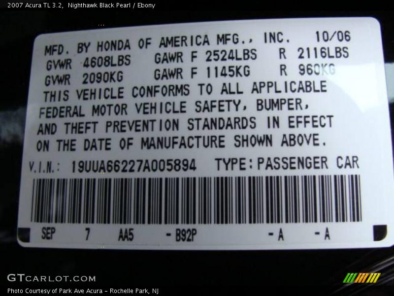 Nighthawk Black Pearl / Ebony 2007 Acura TL 3.2