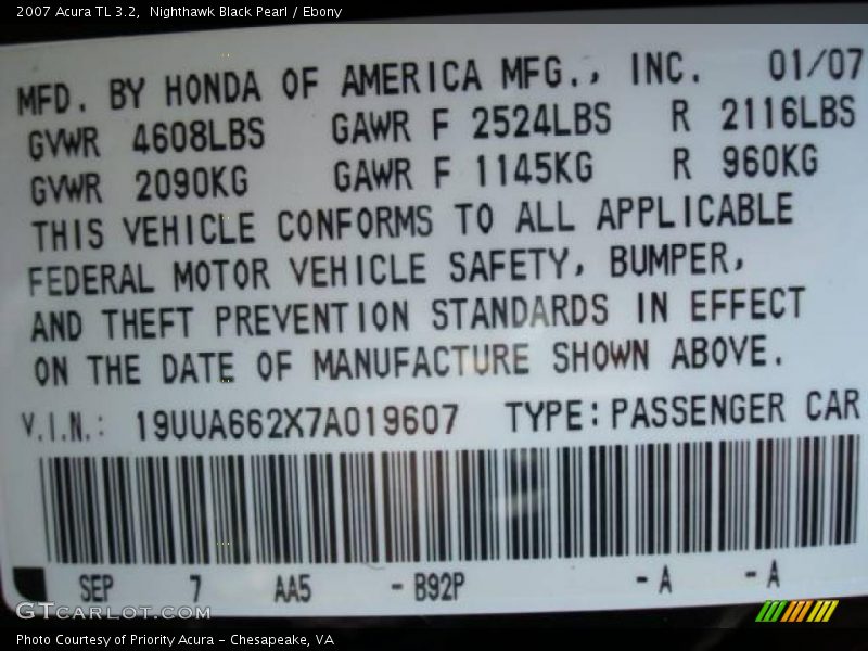 Nighthawk Black Pearl / Ebony 2007 Acura TL 3.2