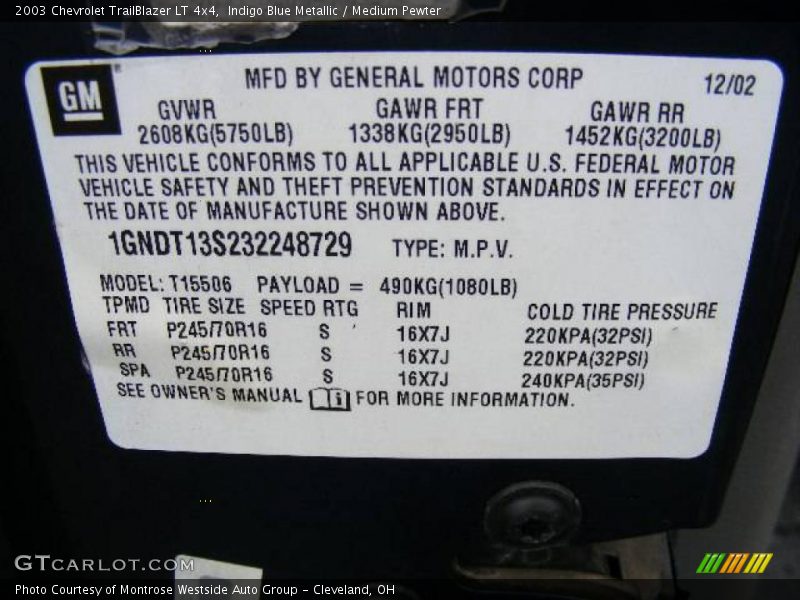 Indigo Blue Metallic / Medium Pewter 2003 Chevrolet TrailBlazer LT 4x4
