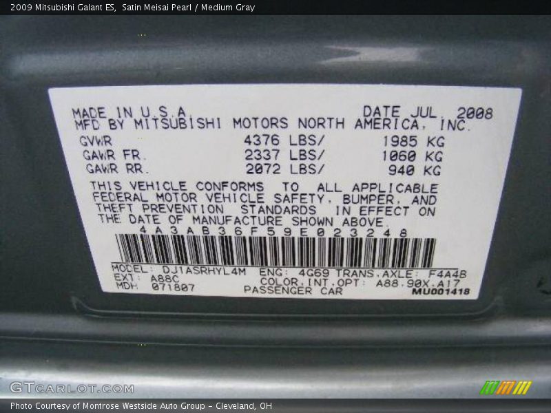 Satin Meisai Pearl / Medium Gray 2009 Mitsubishi Galant ES
