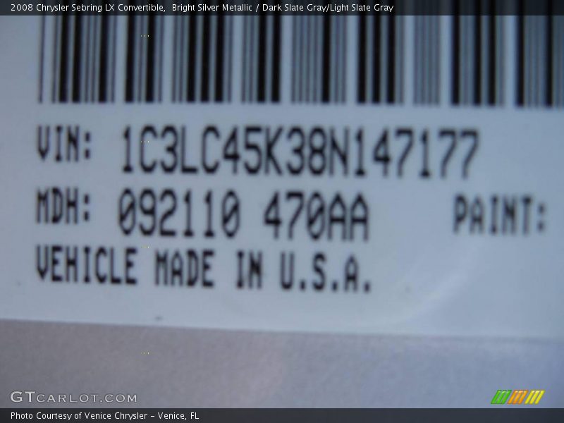 Bright Silver Metallic / Dark Slate Gray/Light Slate Gray 2008 Chrysler Sebring LX Convertible