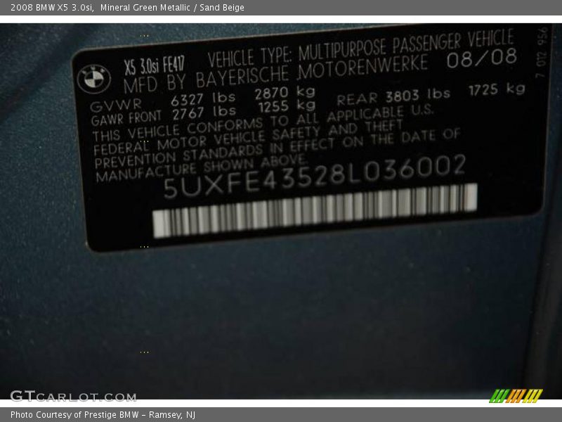 Mineral Green Metallic / Sand Beige 2008 BMW X5 3.0si
