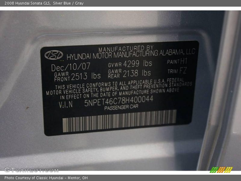 Silver Blue / Gray 2008 Hyundai Sonata GLS