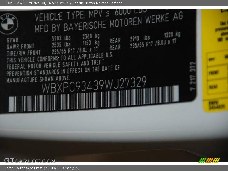 Alpine White / Saddle Brown Nevada Leather 2009 BMW X3 xDrive30i