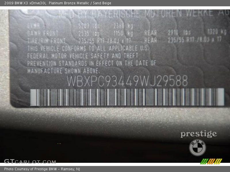 Platinum Bronze Metallic / Sand Beige 2009 BMW X3 xDrive30i