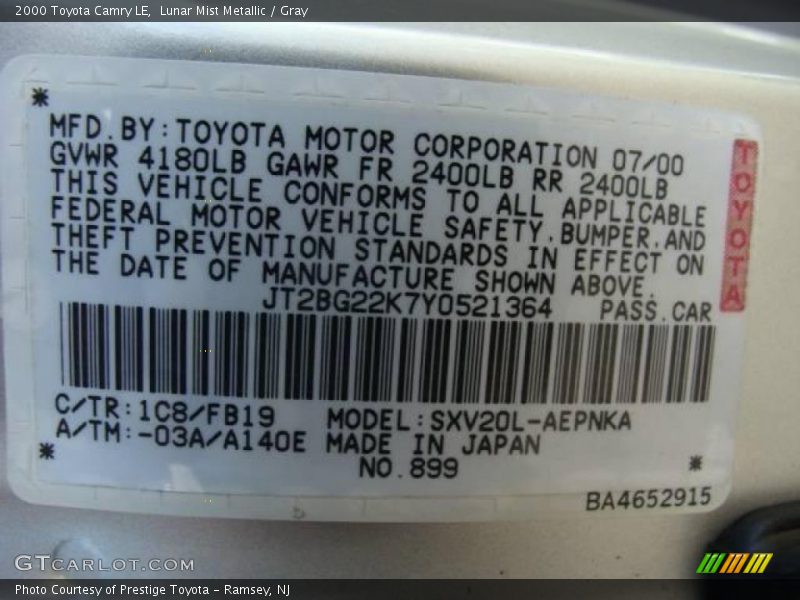 Lunar Mist Metallic / Gray 2000 Toyota Camry LE