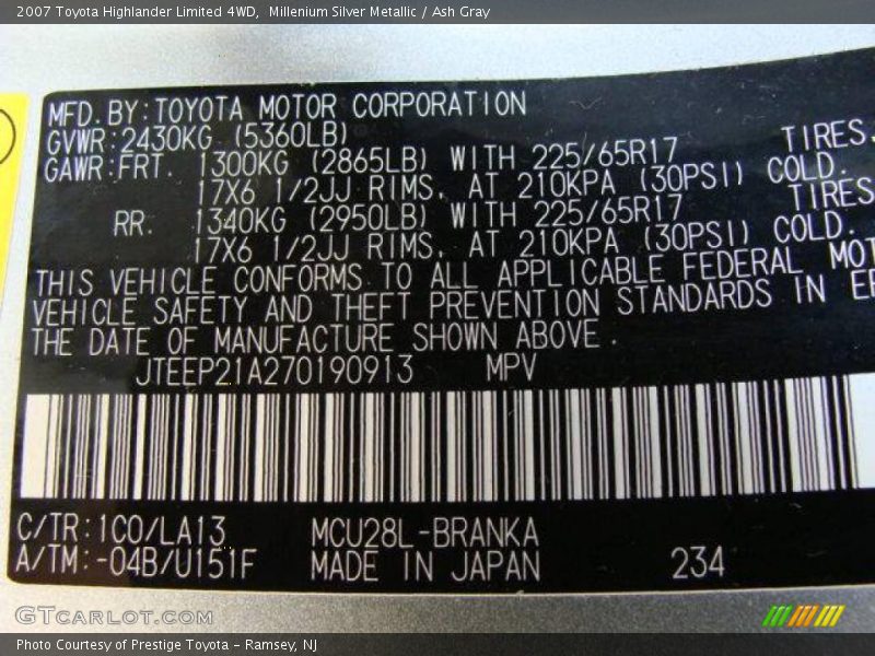 Millenium Silver Metallic / Ash Gray 2007 Toyota Highlander Limited 4WD