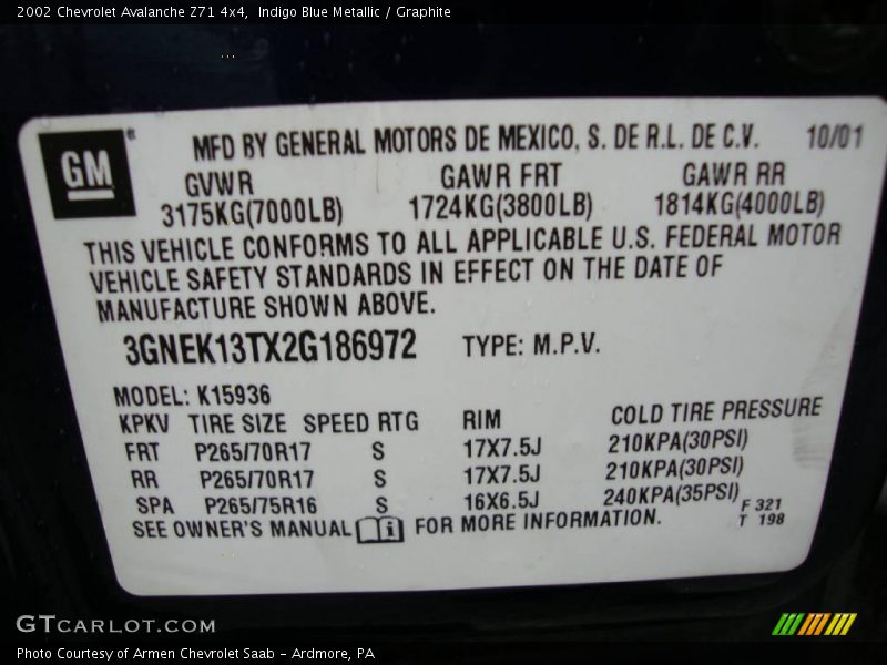 Indigo Blue Metallic / Graphite 2002 Chevrolet Avalanche Z71 4x4