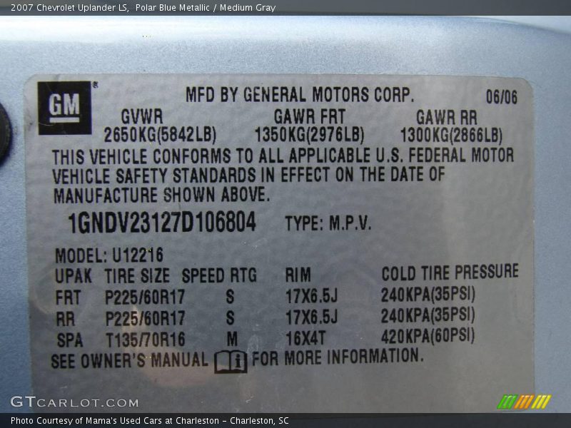 Polar Blue Metallic / Medium Gray 2007 Chevrolet Uplander LS