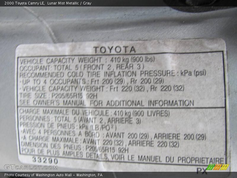 Lunar Mist Metallic / Gray 2000 Toyota Camry LE