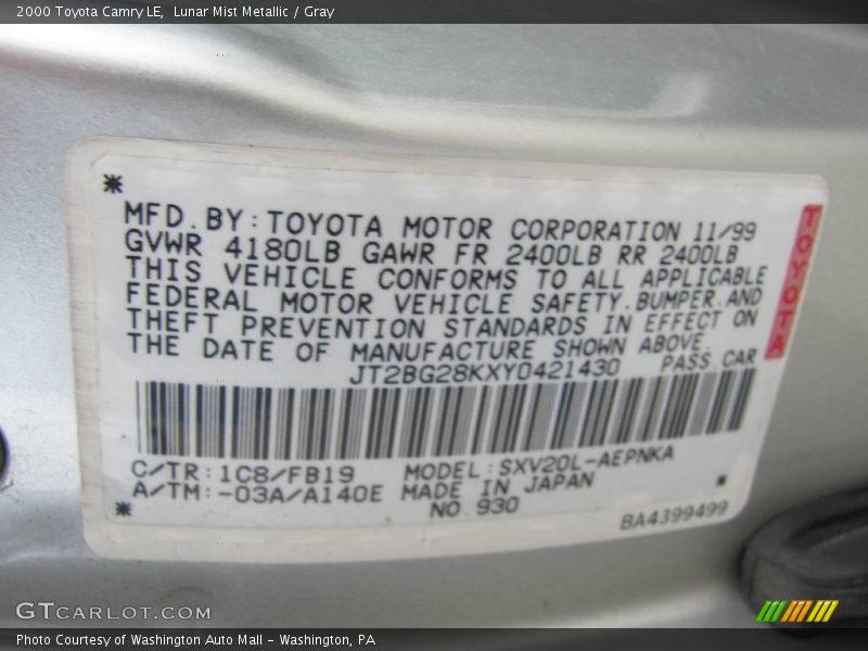 Lunar Mist Metallic / Gray 2000 Toyota Camry LE