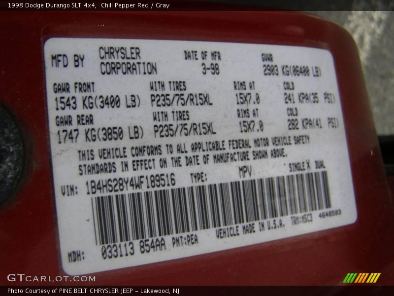 Chili Pepper Red / Gray 1998 Dodge Durango SLT 4x4