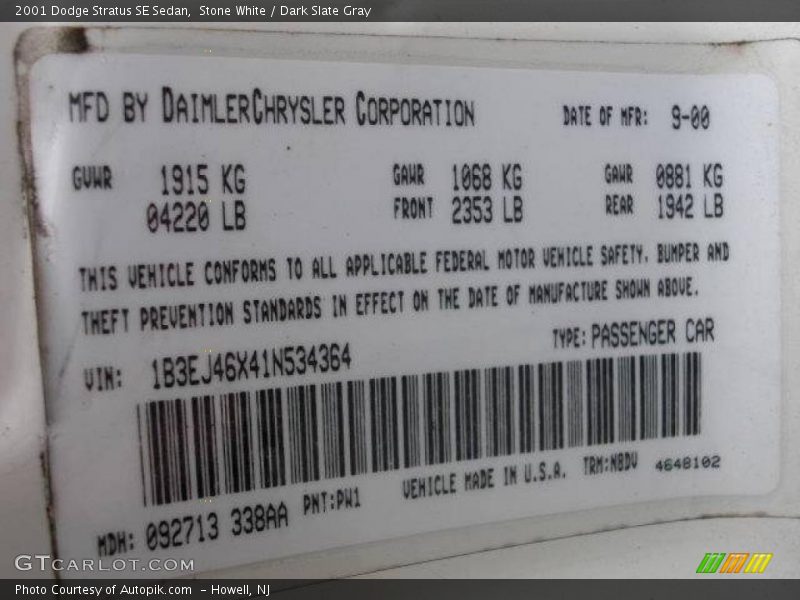 Stone White / Dark Slate Gray 2001 Dodge Stratus SE Sedan