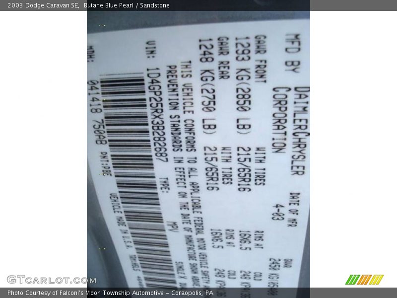 Butane Blue Pearl / Sandstone 2003 Dodge Caravan SE