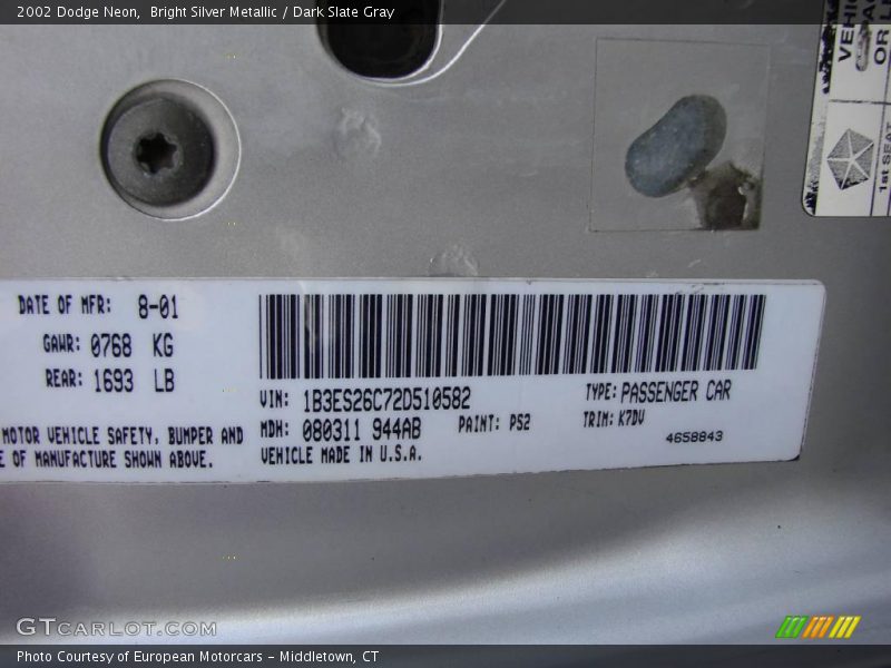 Bright Silver Metallic / Dark Slate Gray 2002 Dodge Neon