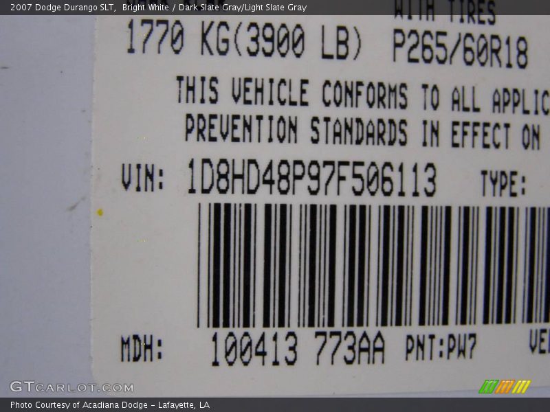 Bright White / Dark Slate Gray/Light Slate Gray 2007 Dodge Durango SLT