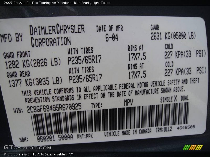 Atlantic Blue Pearl / Light Taupe 2005 Chrysler Pacifica Touring AWD