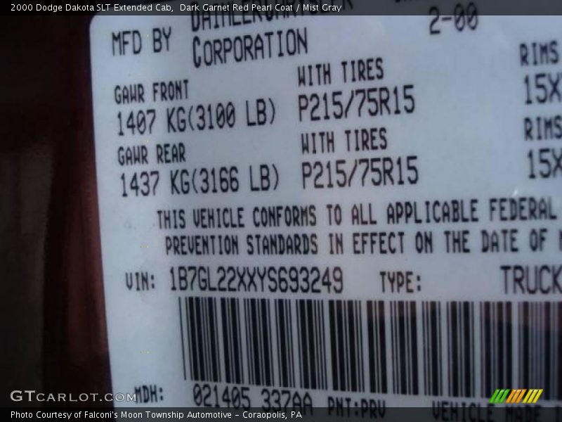 Dark Garnet Red Pearl Coat / Mist Gray 2000 Dodge Dakota SLT Extended Cab