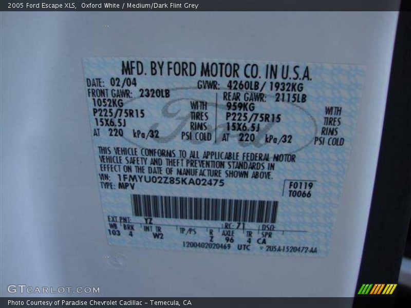 Oxford White / Medium/Dark Flint Grey 2005 Ford Escape XLS