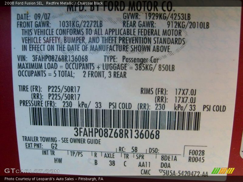 Redfire Metallic / Charcoal Black 2008 Ford Fusion SEL