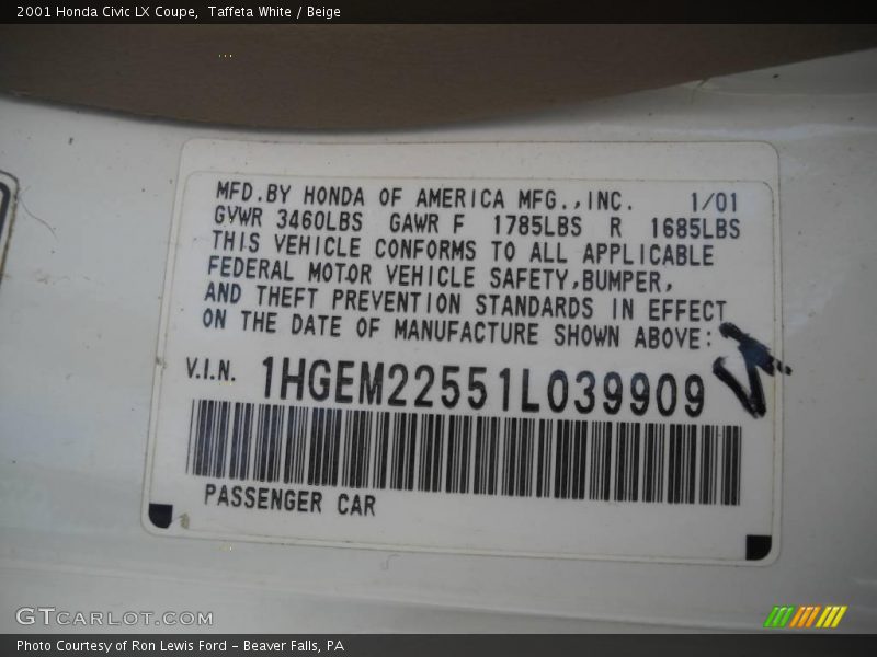 Taffeta White / Beige 2001 Honda Civic LX Coupe