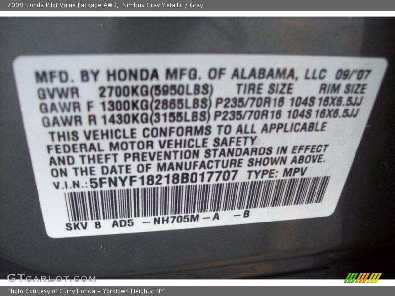 Nimbus Gray Metallic / Gray 2008 Honda Pilot Value Package 4WD