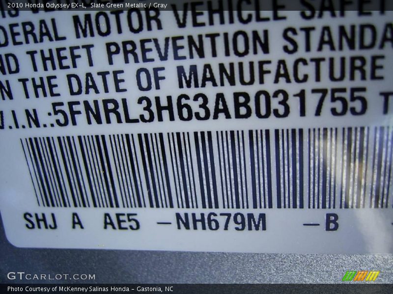 Slate Green Metallic / Gray 2010 Honda Odyssey EX-L