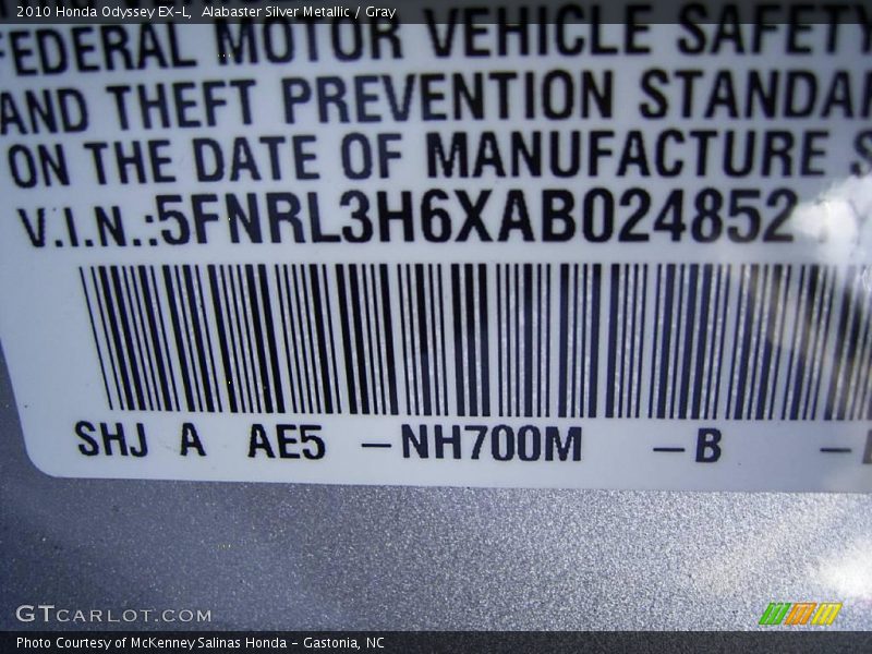Alabaster Silver Metallic / Gray 2010 Honda Odyssey EX-L