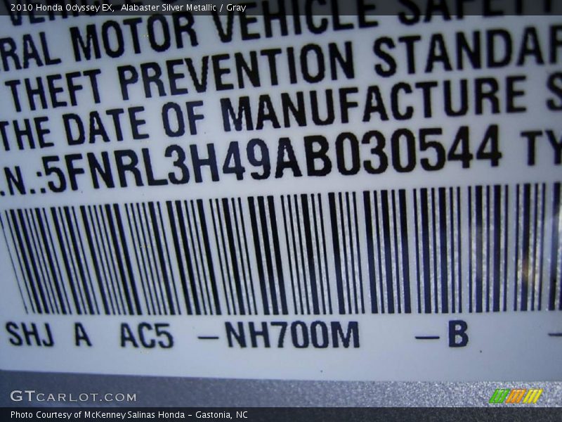 Alabaster Silver Metallic / Gray 2010 Honda Odyssey EX