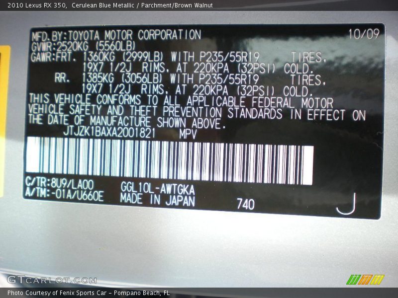 2010 RX 350 Cerulean Blue Metallic Color Code 8U9