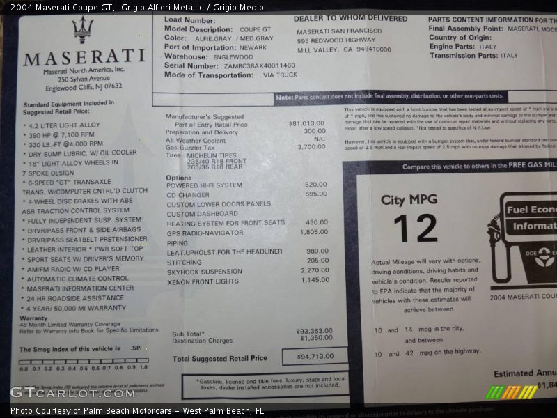 Grigio Alfieri Metallic / Grigio Medio 2004 Maserati Coupe GT