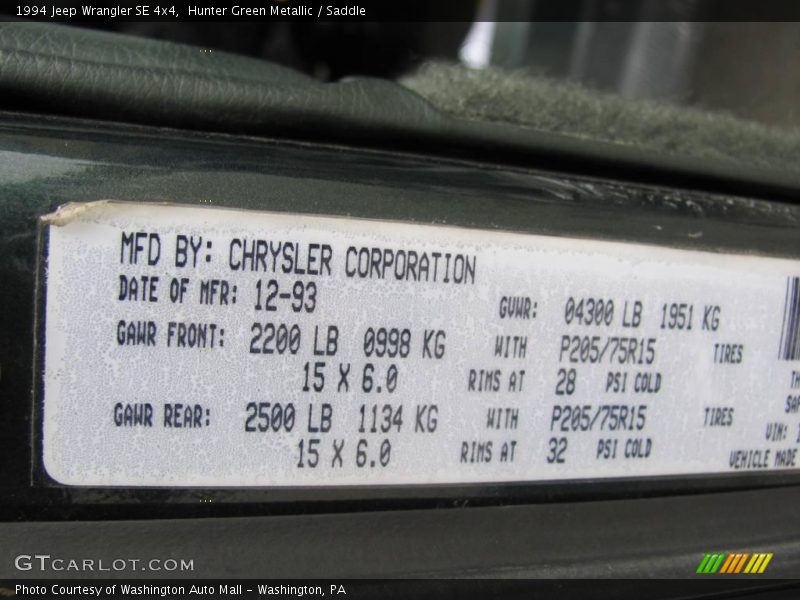 Hunter Green Metallic / Saddle 1994 Jeep Wrangler SE 4x4