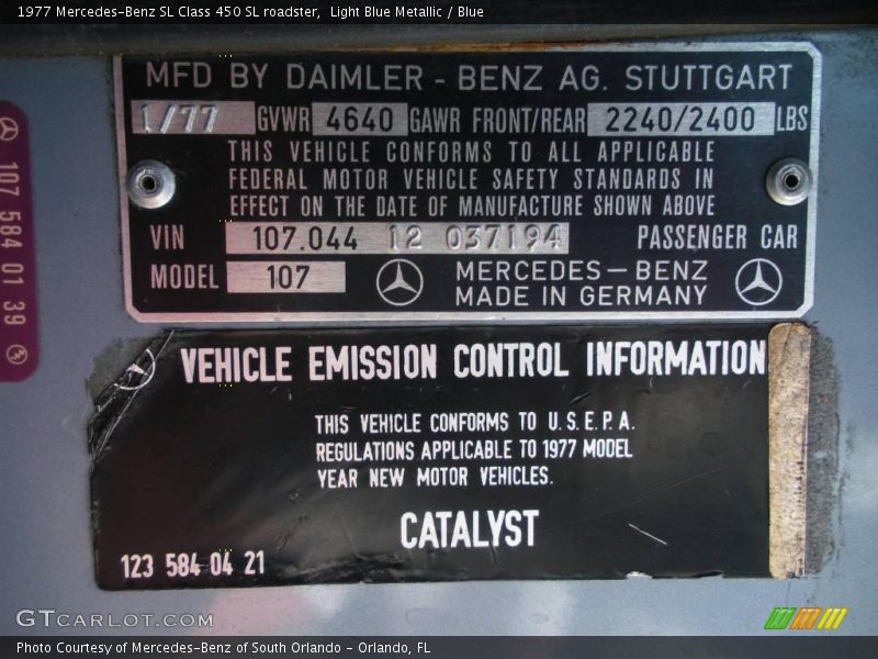 Light Blue Metallic / Blue 1977 Mercedes-Benz SL Class 450 SL roadster