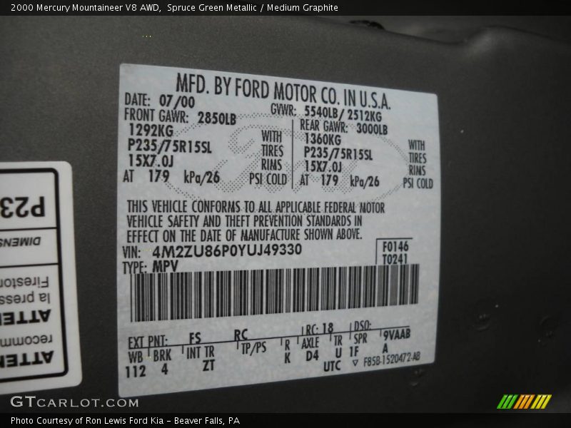 Spruce Green Metallic / Medium Graphite 2000 Mercury Mountaineer V8 AWD