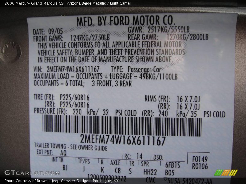 Arizona Beige Metallic / Light Camel 2006 Mercury Grand Marquis GS