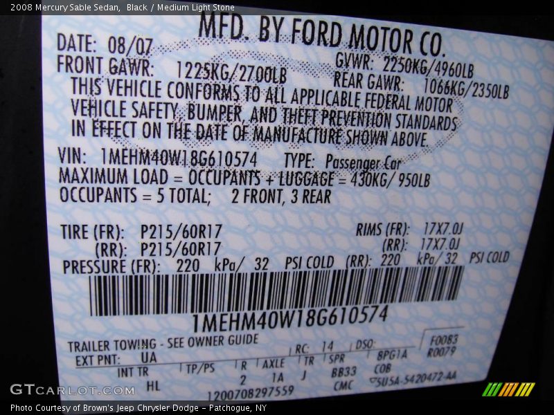 Black / Medium Light Stone 2008 Mercury Sable Sedan